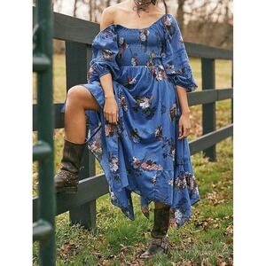 Free People Morning Glory Floral Blue Smocked Flowy Midi Dress Size Medium Boho